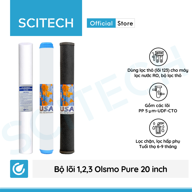 Bộ lõi số 1,2,3 Olsmo Pure 20 inch by Scitech - Dùng cho máy lọc nước RO, bộ lọc thô - Hàng chính hãng