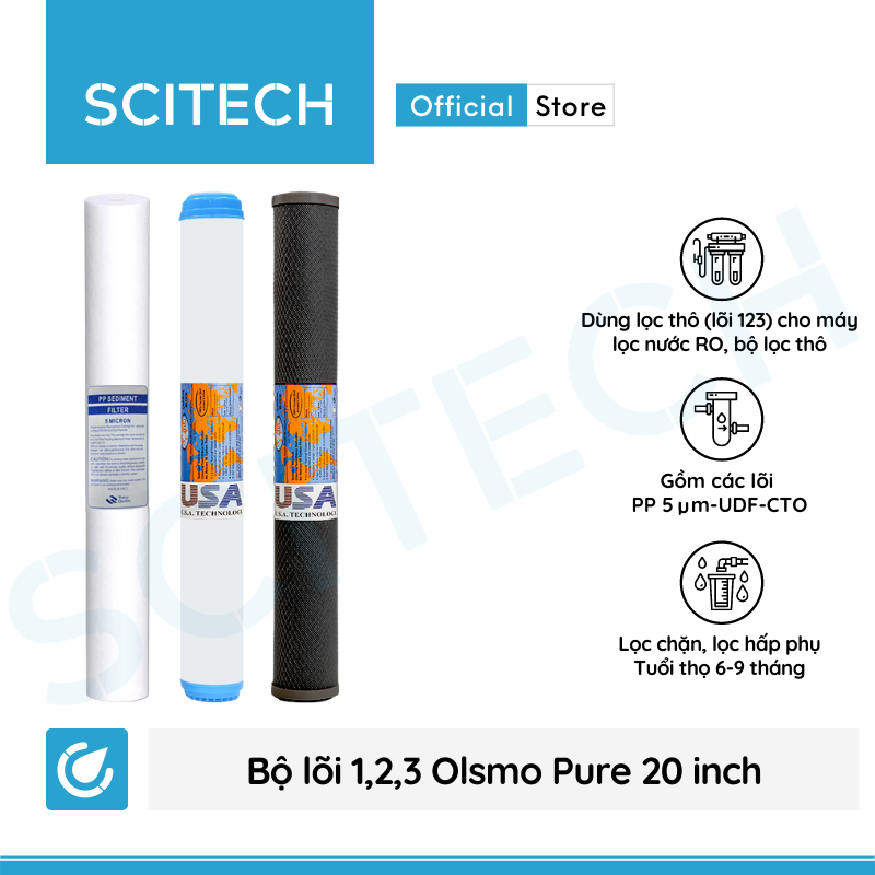 Bộ lõi số 1,2,3 Olsmo Pure 20 inch by Scitech (Lõi PP-UDF-CTO) - Dùng cho máy lọc nước RO, bộ lọc thô - Hàng chính hãng