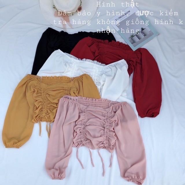 Áo tay dài phồng nhún eo vải kate