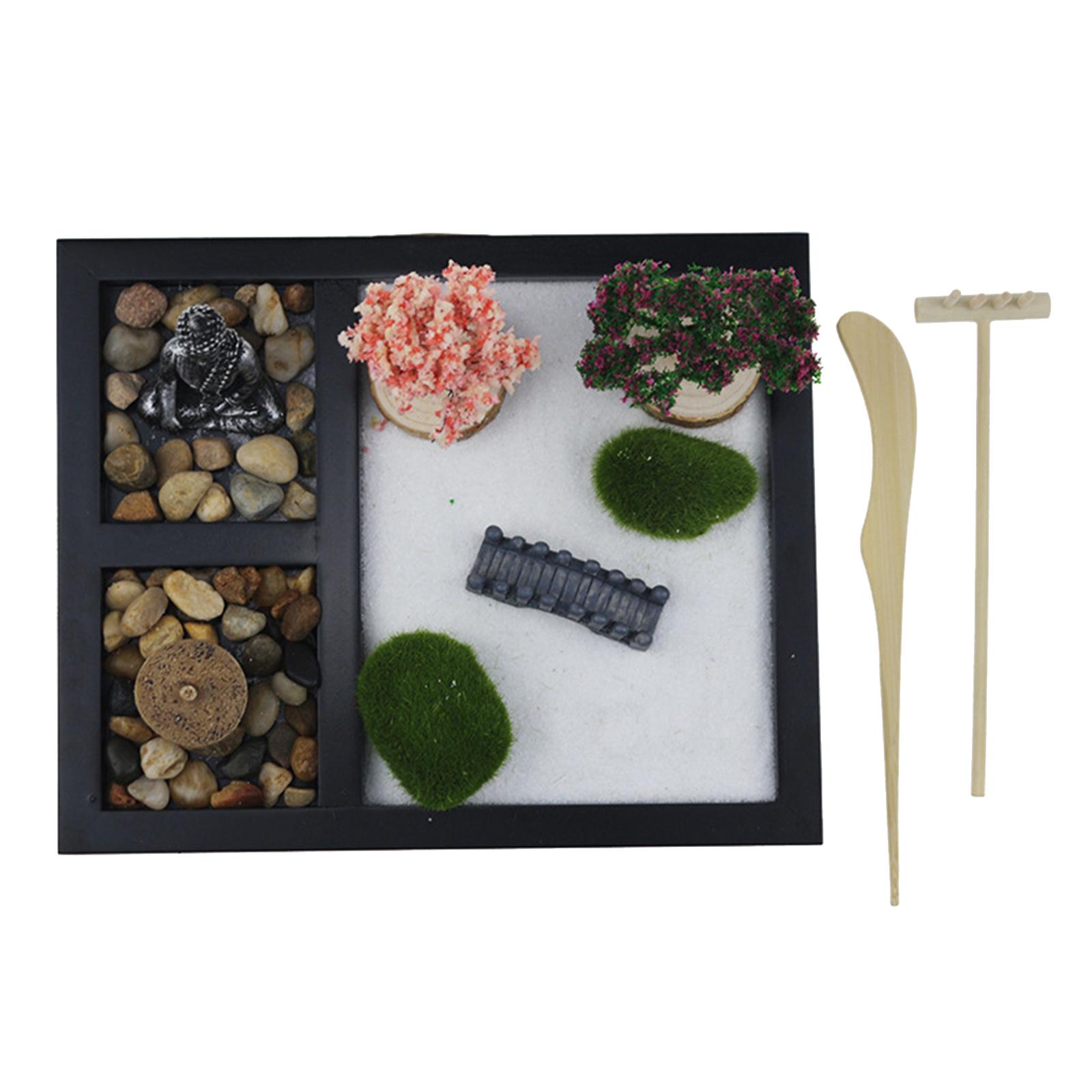 Mini Zen Garden Feng Shui Sand Tray Tree Buddha Statues Stress Relief Home
