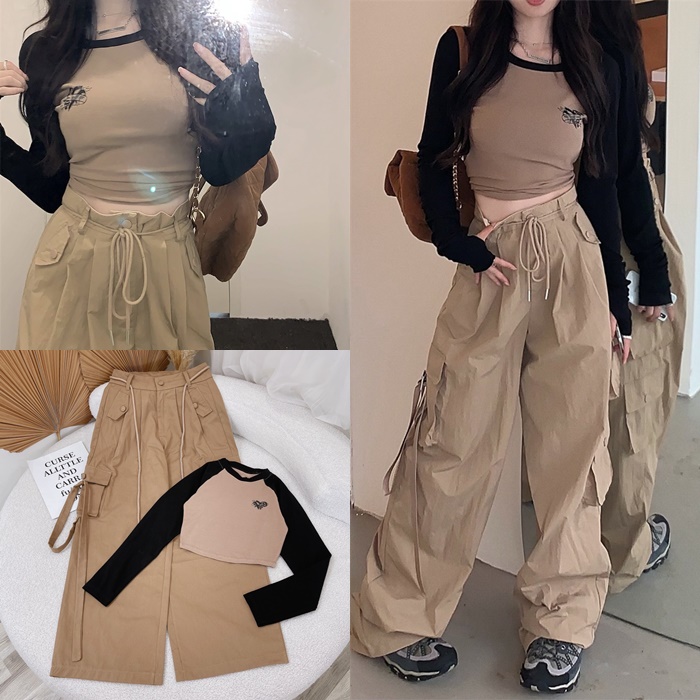 SET ÁO CROPTOP THUN RAGLAN TAY DÀI + QUẦN SUÔNG ỐNG RỘNG TÚI HỘP