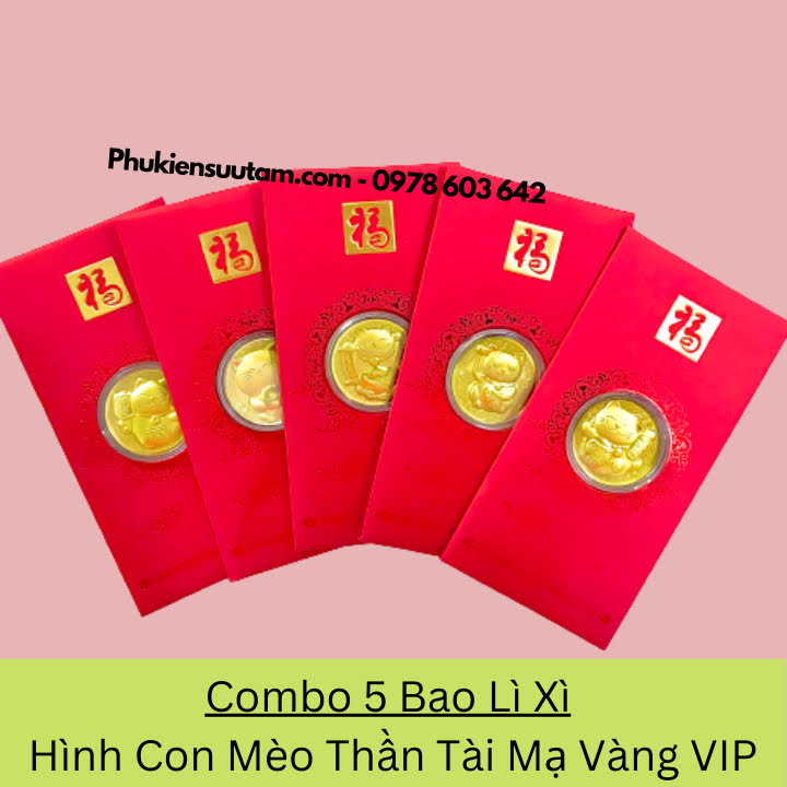 Combo 5 Bao Lì Xì Hình Con Mèo Thần Tài Mạ Vàng VIP, kích thước: 17cmx8cm, màu đỏ - SP005923