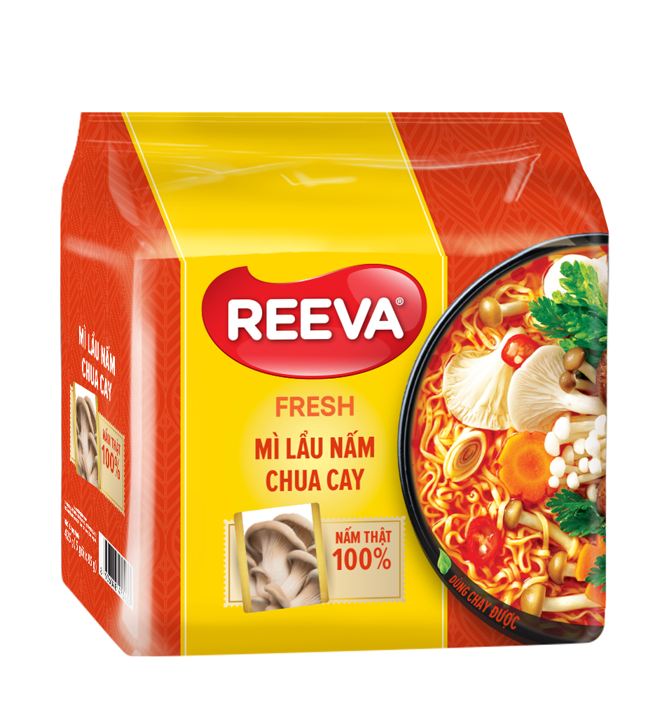 Thùng 30 Gói Mì Reeva Lẩu Nấm Chua Cay 85G