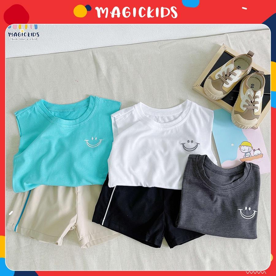 Đồ bộ mặc nhà cho bé trai thoáng mát áo ba lỗ cotton thêu hình mặt cười quần kaki Magickids Quần áo trẻ em AO22005