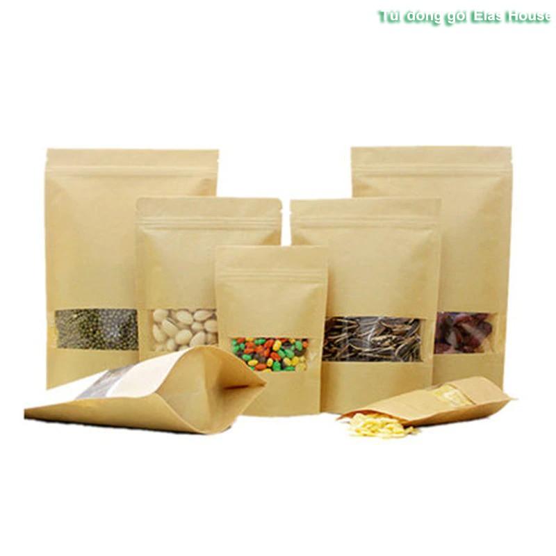 Túi Zip Đựng Thực Phẩm,Sét 50 Túi Zip Giấy Kraft Đáy Đứng Có Cửa Sổ Vàng Food Saver