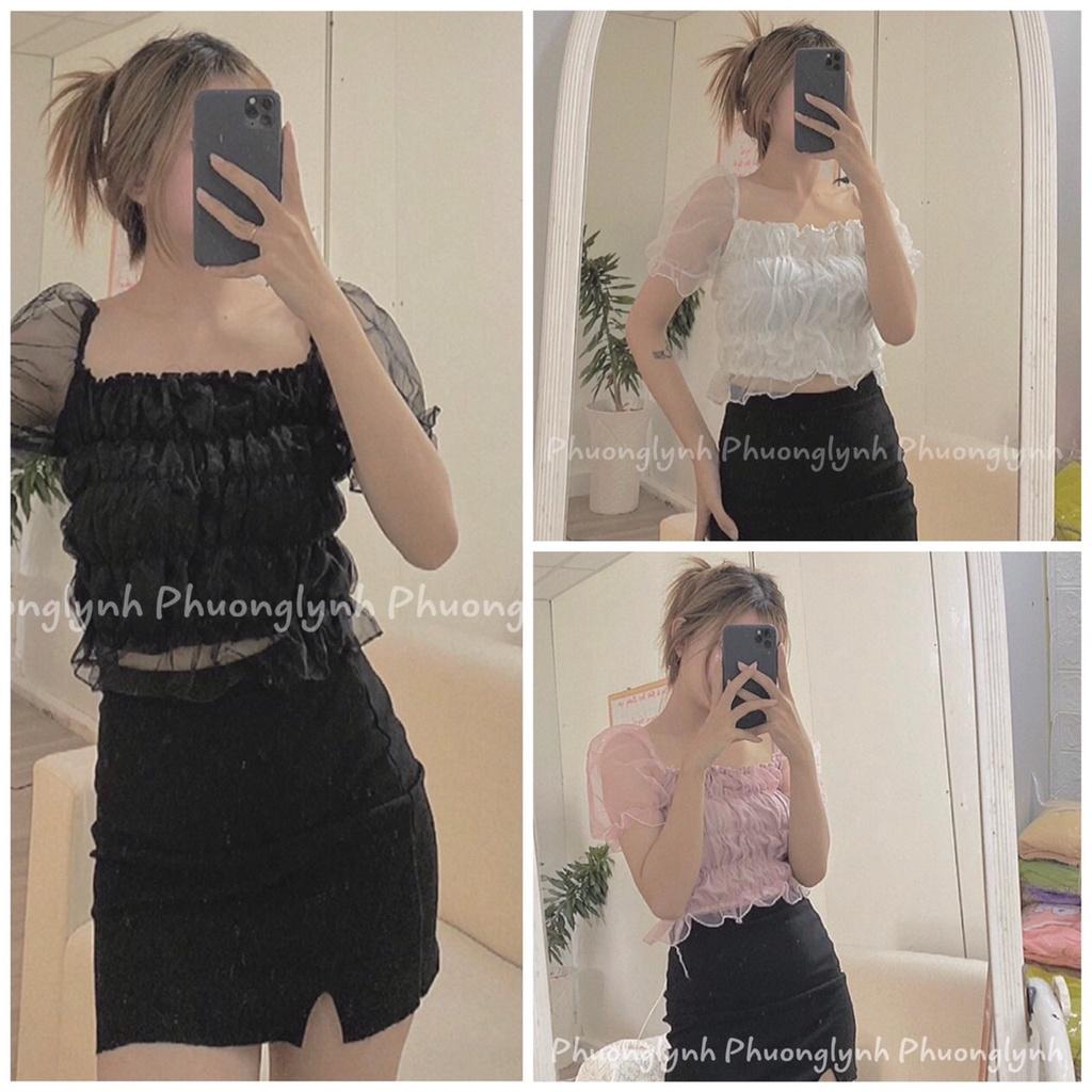 Áo kiểu croptop nữ phối lưới tay phồng