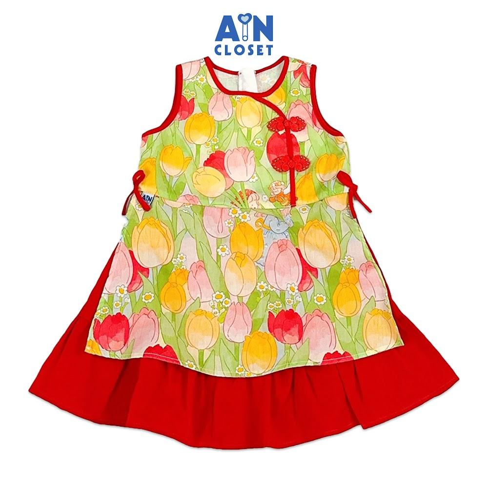 Áo dài váy bé gái họa tiết Tulip Đỏ cotton - AICDBGZZV72P - AIN Closet