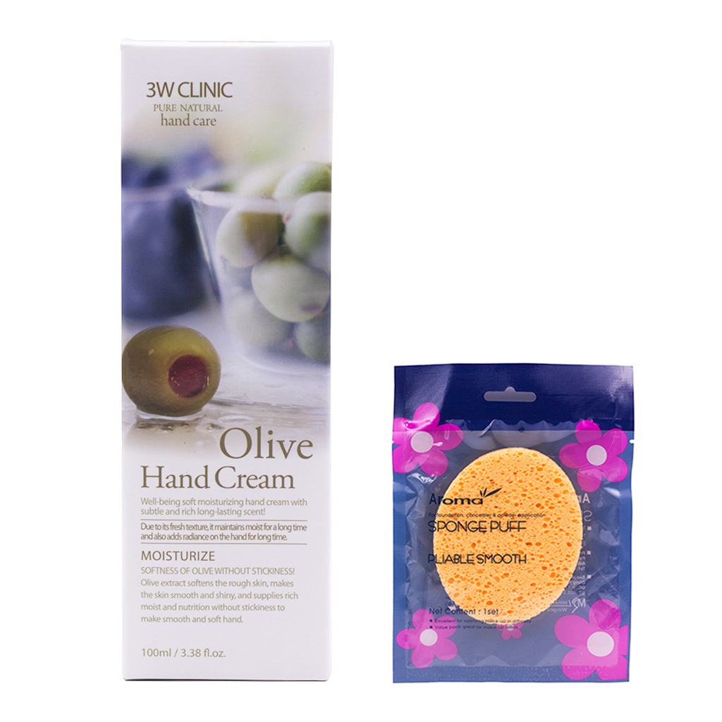 Kem dưỡng da tay Olive Hàn Quốc cao cấp 3W Clinic Olive Hand Cream (100ml) + Tặng Bông bọt biển massage mặt Hàn Quốc Aroma – Hàng Chính Hãng