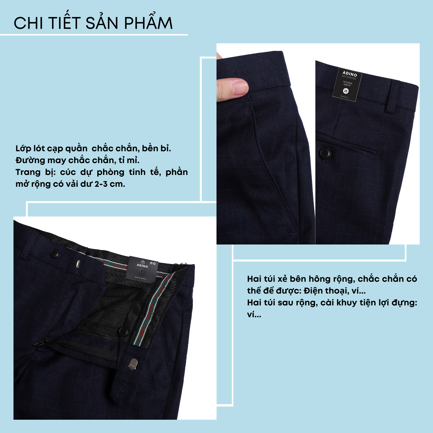 Quần âu nam màu xanh đen phối kẻ ADINO vải cotton không bai xù dáng slimfit công sở trẻ trung QA100