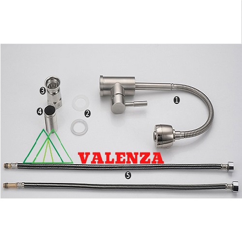Chậu rửa bát 1 hố Valenza sus304 6045, vòi rửa bát nóng lạnh lò xo cần mềm, xả, rổ, bình xà phòng