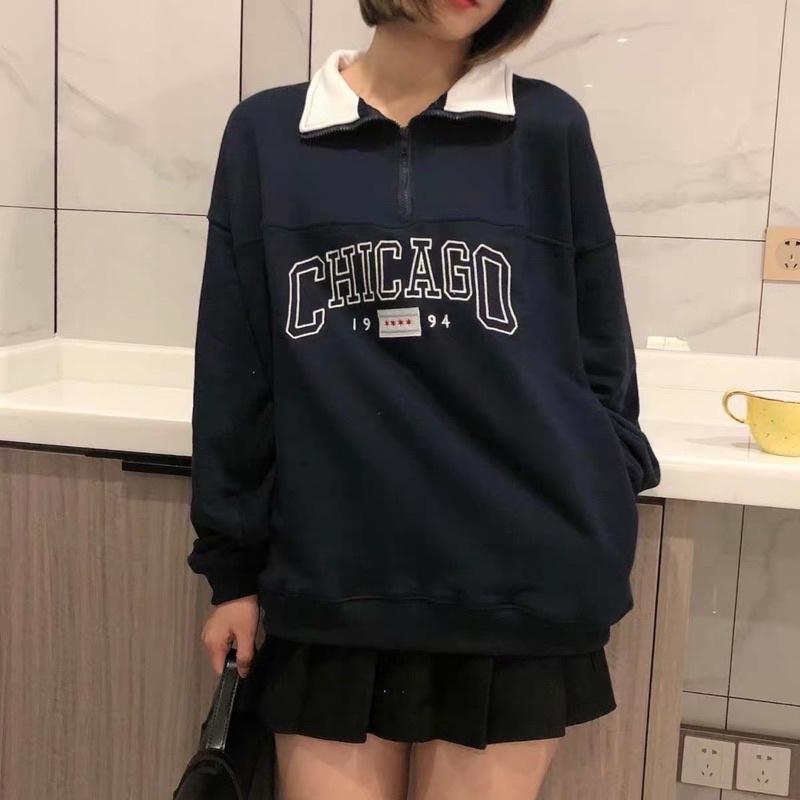 Áo Sweater Nỉ Cổ Khóa CHICAGO 1994, FORUYFS 1998 Cổ Bẻ Chữ In