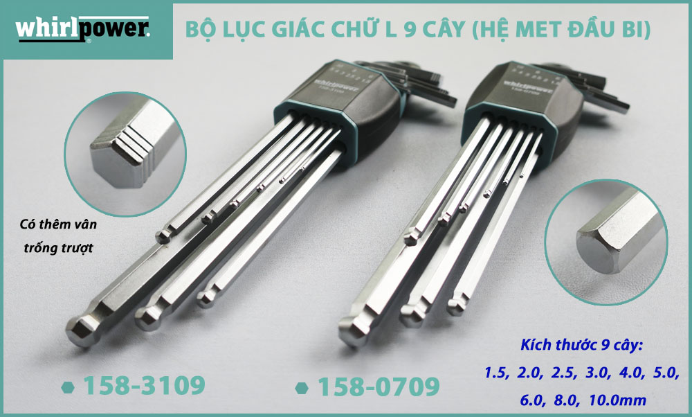 BỘ LỤC GIÁC CHỮ L 9 CÂY (HỆ MET ĐẦU BI) WHIRLPOWER