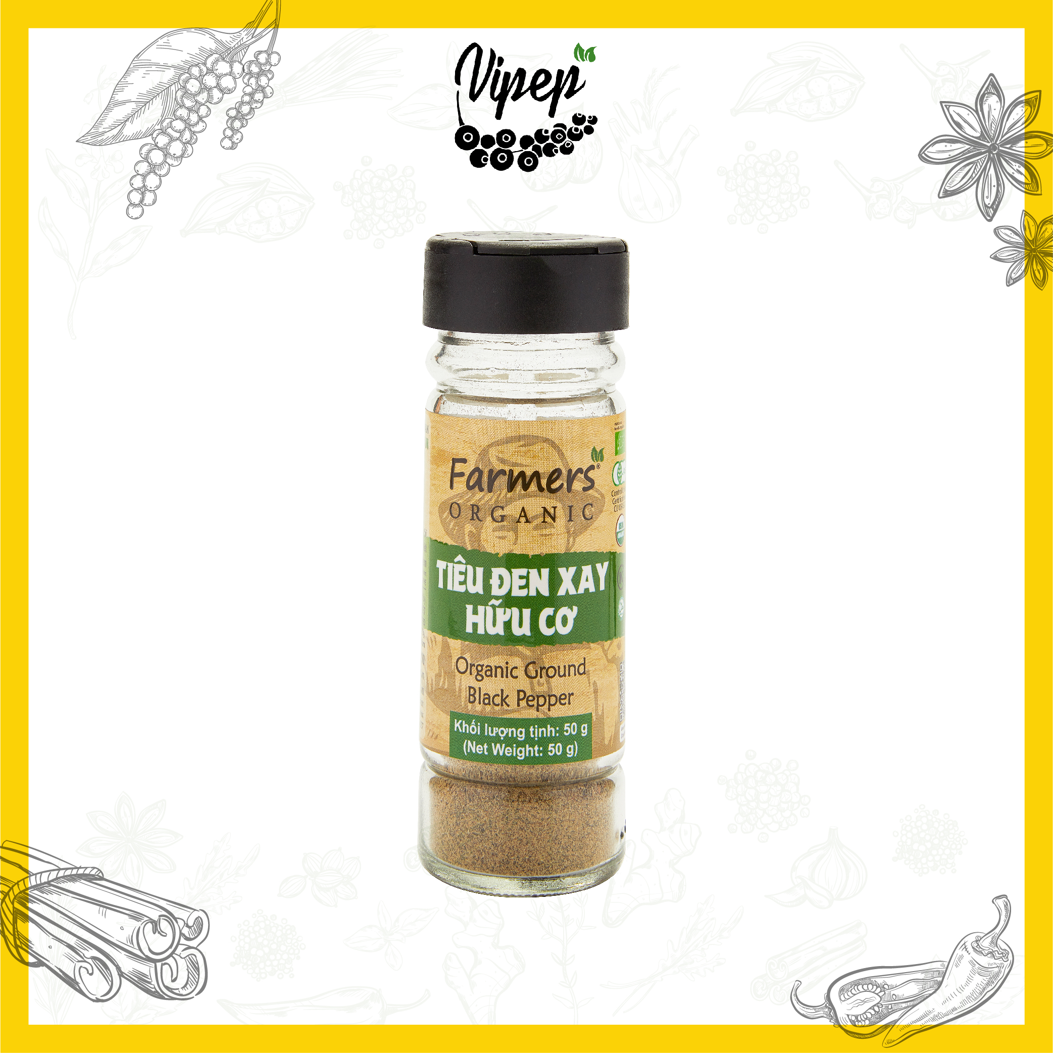 Tiêu Đen Xay Farmers' Organic Hũ Thủy Tinh Vipep 50g - Gia vị Vipep