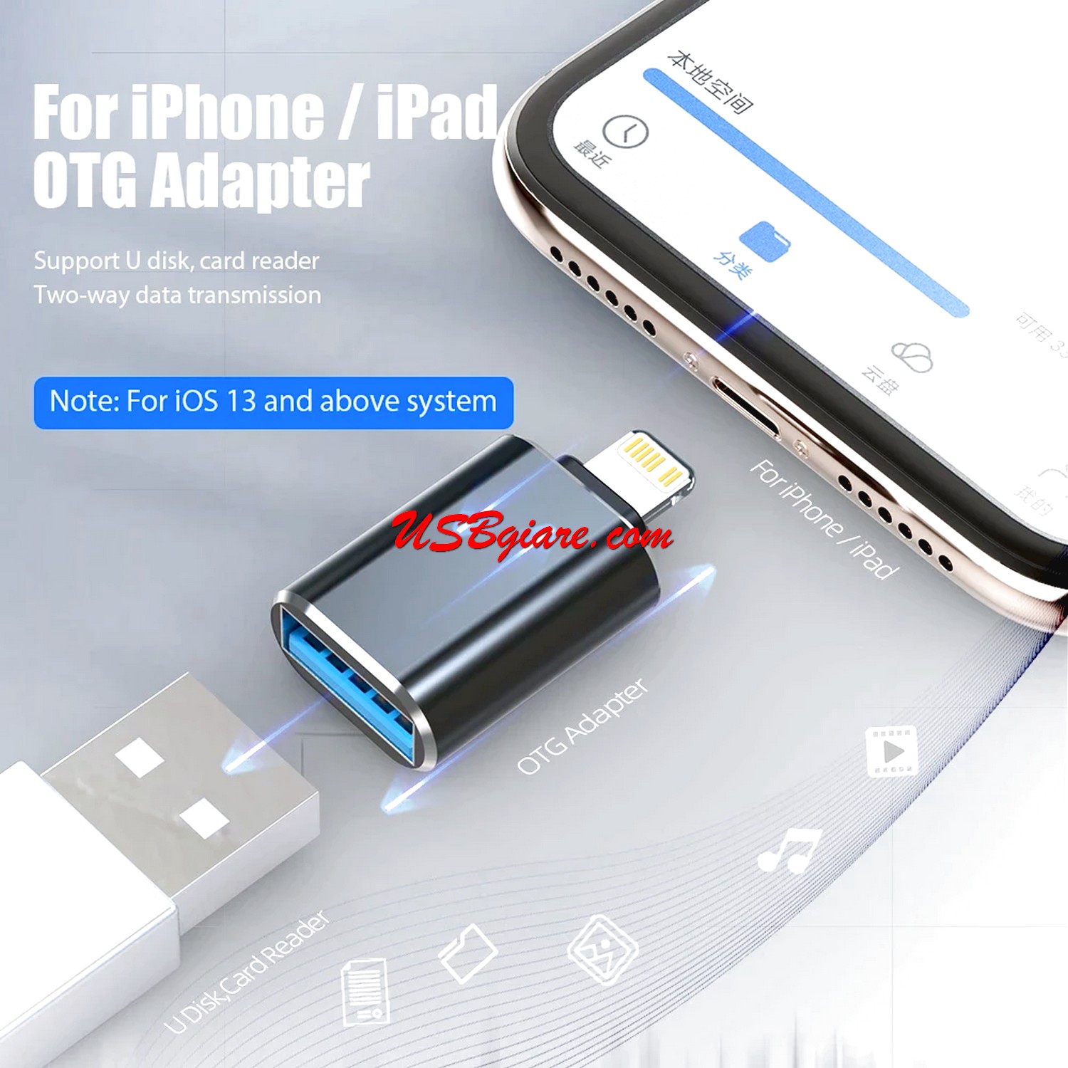 Đầu chuyển đổi OTG Light.ning sang USB3.0 cho iPhone iPad kết nối chuột bàn phím 【USBgiare,Com】