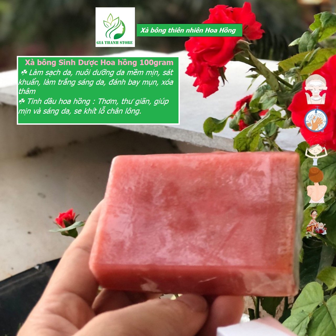 Xà bông thiên nhiên Sinh Dược Hoa Hồng [Bản Giới Hạn] Rose Handmade Soap 100gram làm sạch sâu,ngừa mụn, dưỡng da, sáng da, se khít lỗ chân lông