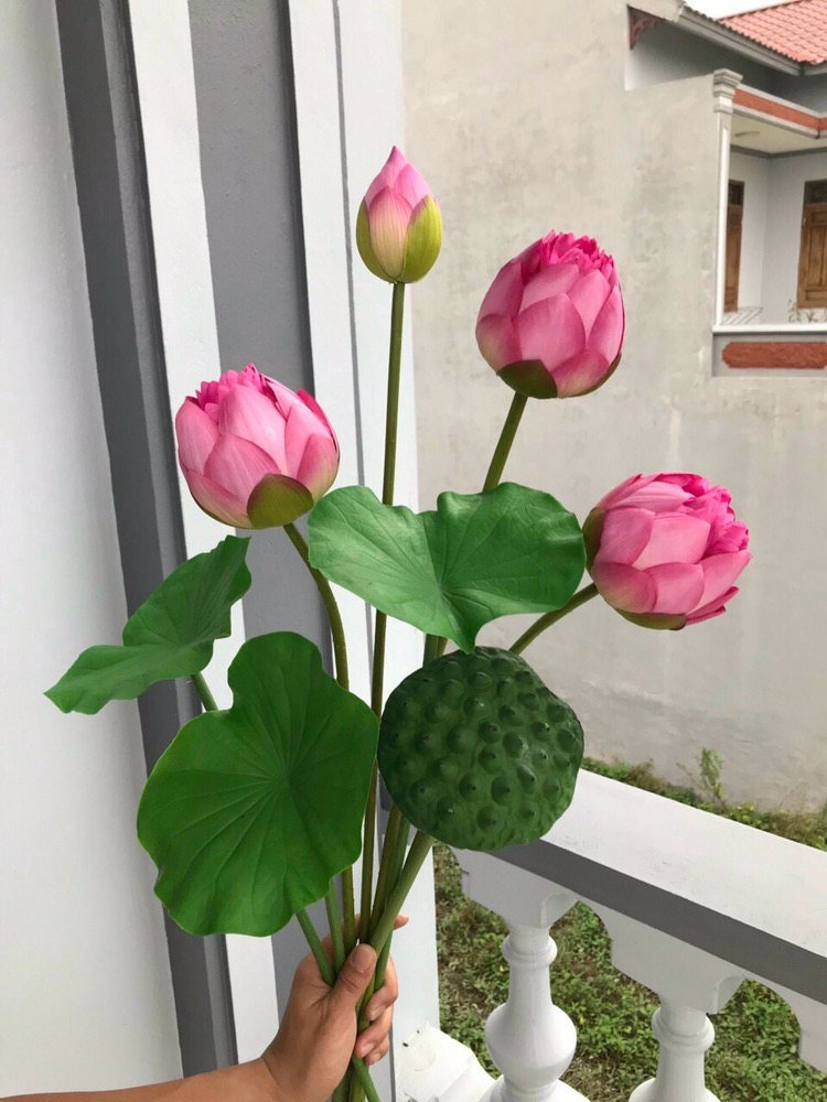 Hoa sen giả BÁCH DIỆP QUAN ÂM cao cấp -1 cành dài 80 cm - Hoa lụa đẹp decor cắm lọ xinh chụp studio