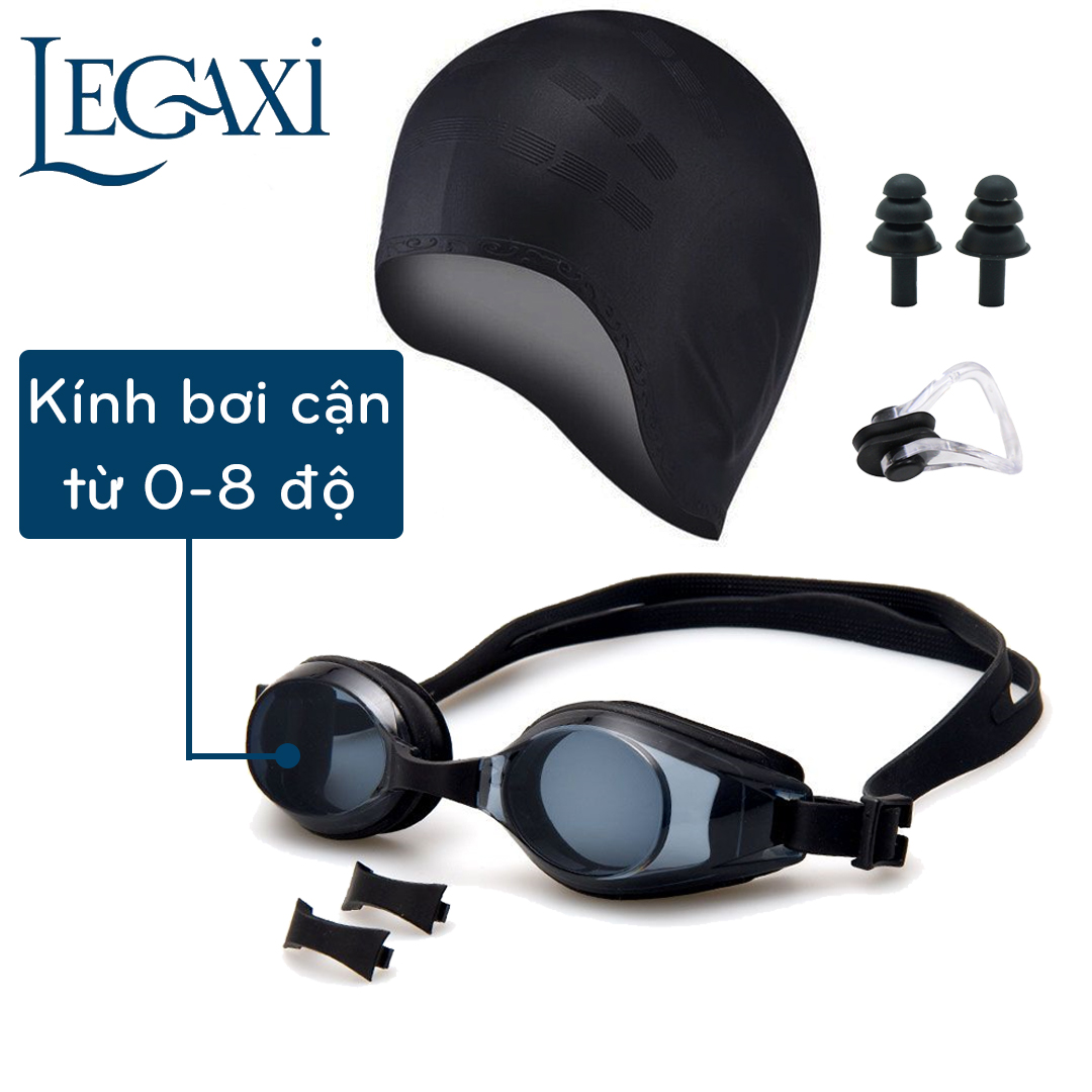 [COMBO 5] Combo kính bơi cận 0-8 độ, mũ bơi, chai xịt chống bám hơi nước, nút bịt tai, kẹp mũi đi bơi, đi biển Legaxi