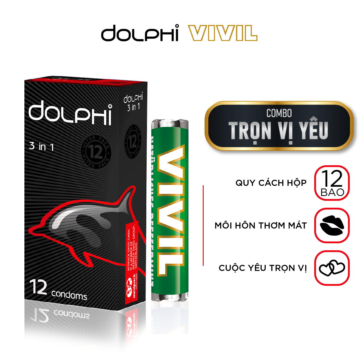 Combo Trọn Vị Yêu - BCS Siêu Mỏng Tự Nhiên Dolphi 3 In 1 (Hộp 12 Bao) + Kẹo Ngậm Hương Bạc Hà - Vivil (Thỏi 29g)