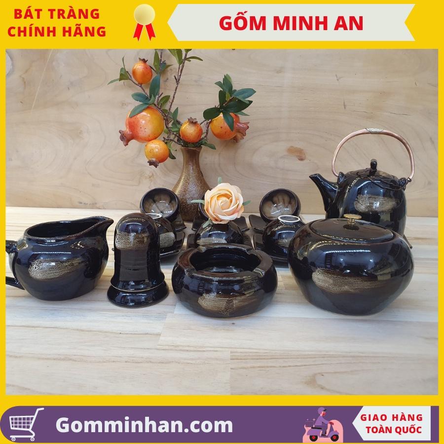 Bộ ấm trà gốm sứ Bát Tràng đẹp Bộ ấm chén sứ màu cà phê xước, chén vẽ lòng hoa- Gốm Minh An
