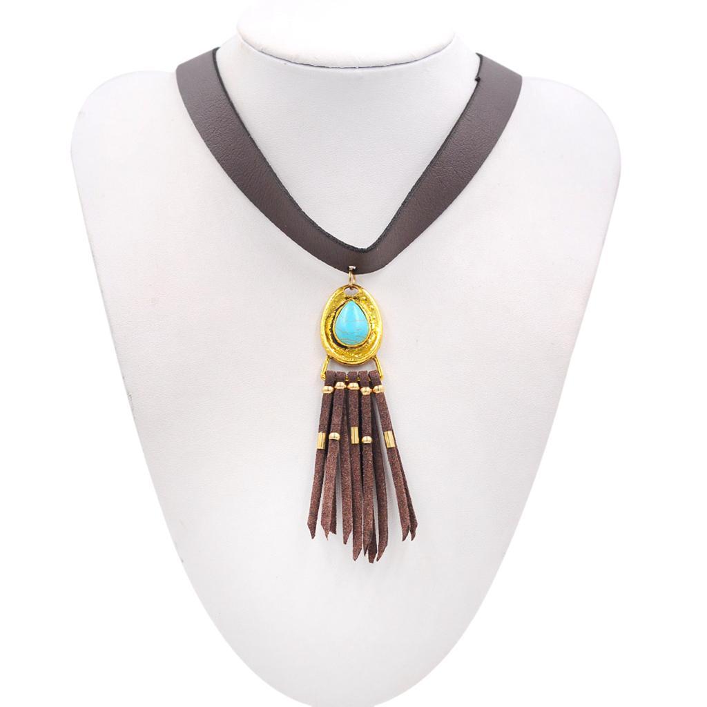 Women Bohemian PU Leather Choker Necklace Charm Pendant with Tassels