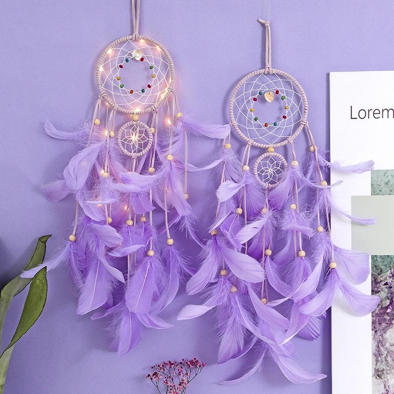 Vòng Dreamcatcher Lông Vũ Có Đèn LED Treo Tường Trang Trí Phòng Ngủ Tặng Kèm Móc Dán Tường