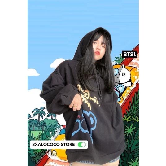 ÁO HOODIE CÓ MŨ FORM RỘNG MÀU ĐEN HÌNH GẤU GOOD MORNING