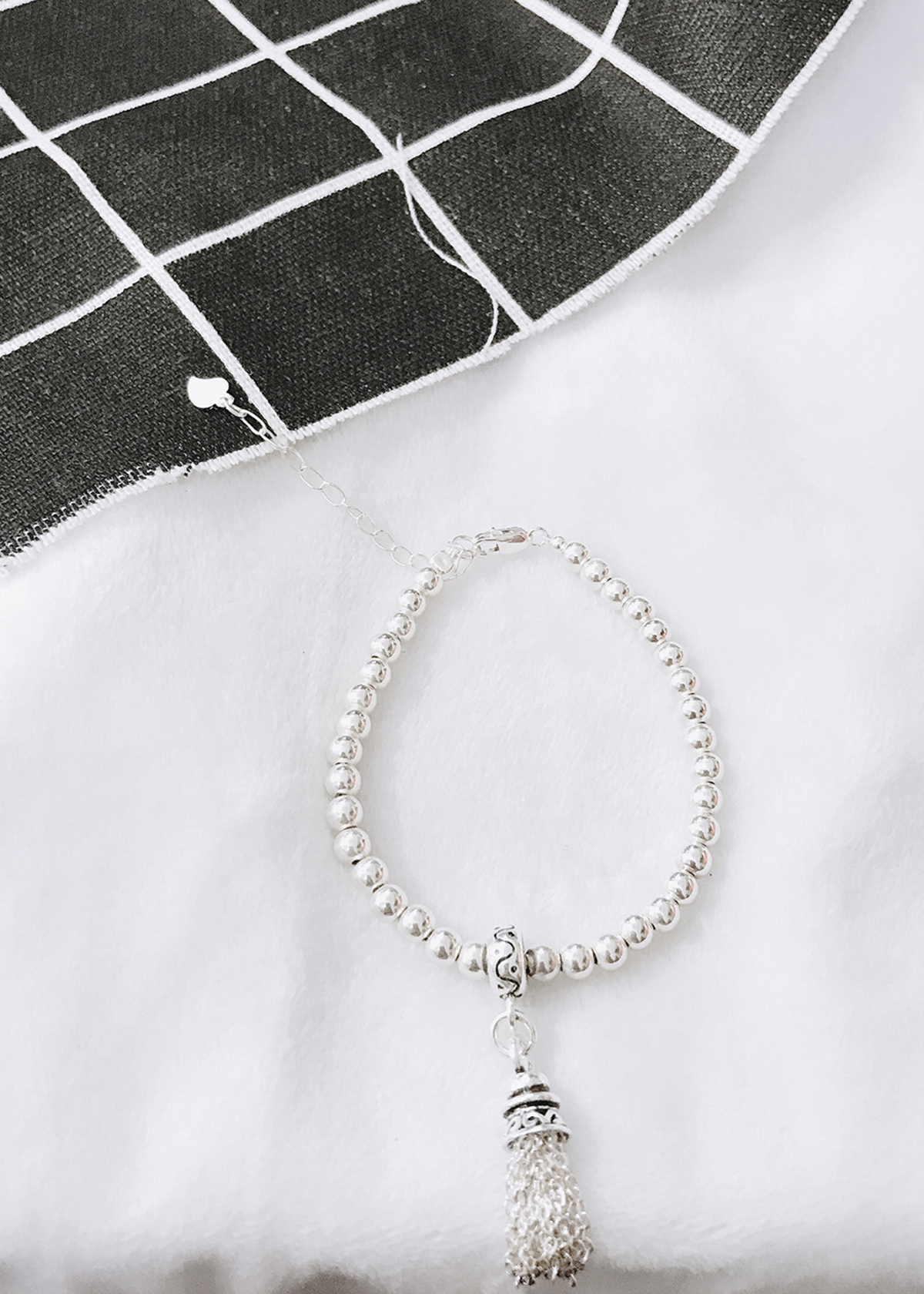 Lắc bi bạc 3mm charm chuông tua bạc -  Ngọc Quý Gemstones