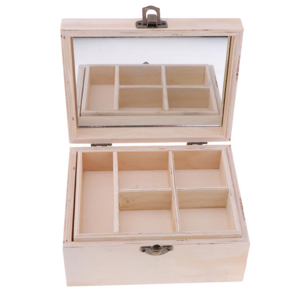 Rectangle Wood Box Jewelry Case Wedding Gift Makeup Cosmetic Earrings Ring Desk Rangement Make Up Wooden Organizer with Mirror - 2 Layers