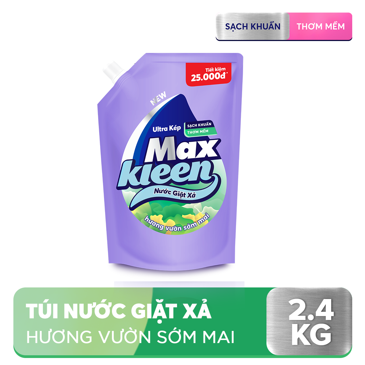 Túi Nước Giặt Xả MaxKleen Hương Vườn Sớm Mai Sạch Khuẩn Thơm Mềm Tiện Lợi &amp; Tiết Kiệm 2.4KG