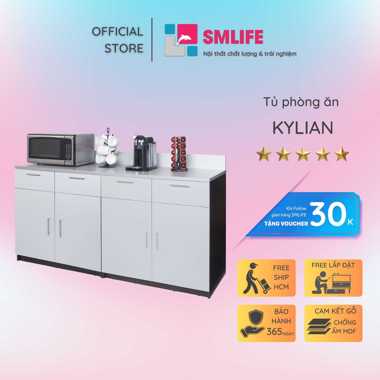 Kệ gỗ nhà bếp hiện đại SMLIFE Kylian | Gỗ MDF dày 17mm chống ẩm | D180xR60xC137cm