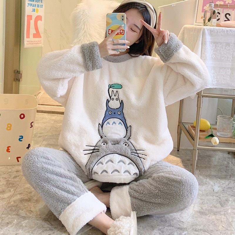 Bộ Pyjama Nữ Cute Vải Lông Cừu Dài Tay