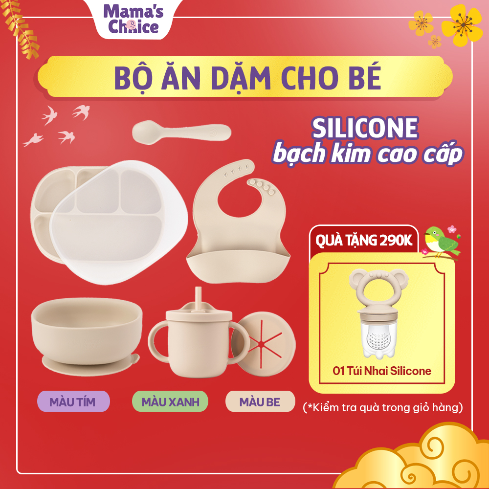 Bộ Ăn Dặm Cho Bé Thương Hiệu Mamas Choice, Combo Ăn Dặm Bát-Khay-Yếm-Thìa-Cốc Silicone Cao Cấp - Bộ Đầy Đủ 5 Món - Màu Xanh