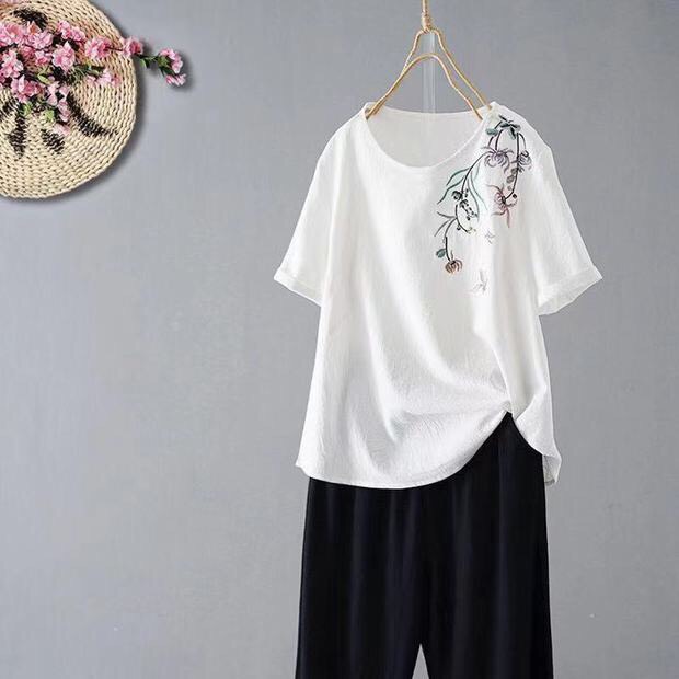 Áo kiểu nữ ARCTIC HUNTER, Áo thêu nữ vải cotton, ngắn tay hoạ tiết hoa thêu phong cách Trung Hoa cổ điển AH18