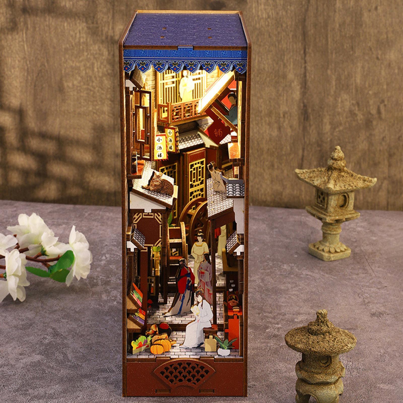 3D Wooden Puzzle Bookend Stand Kit ,DIY Model Miniature Dollhouse Kit unassembled with LED Bookshelf Insert for Gift Boys