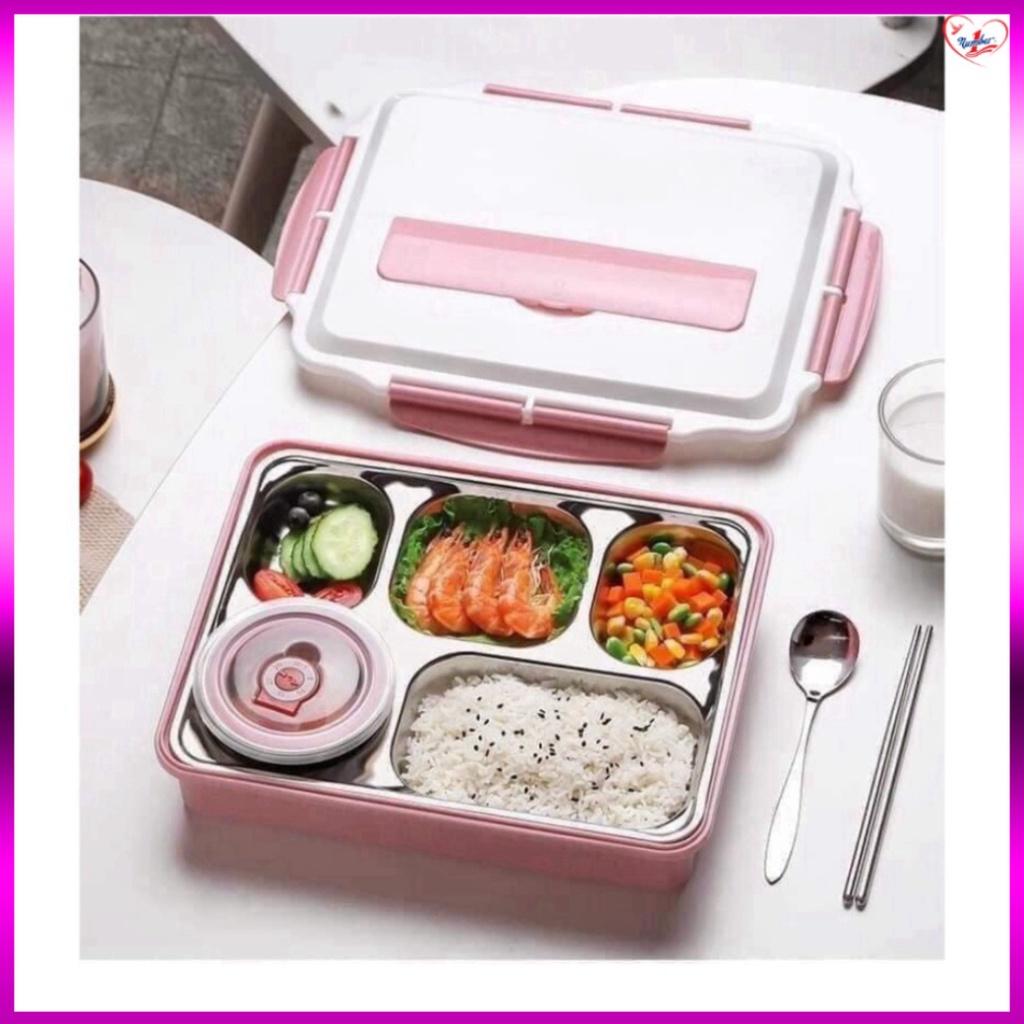 Hộp cơm văn phòng khay Inox 5 ngăn, có giá để điện thoại