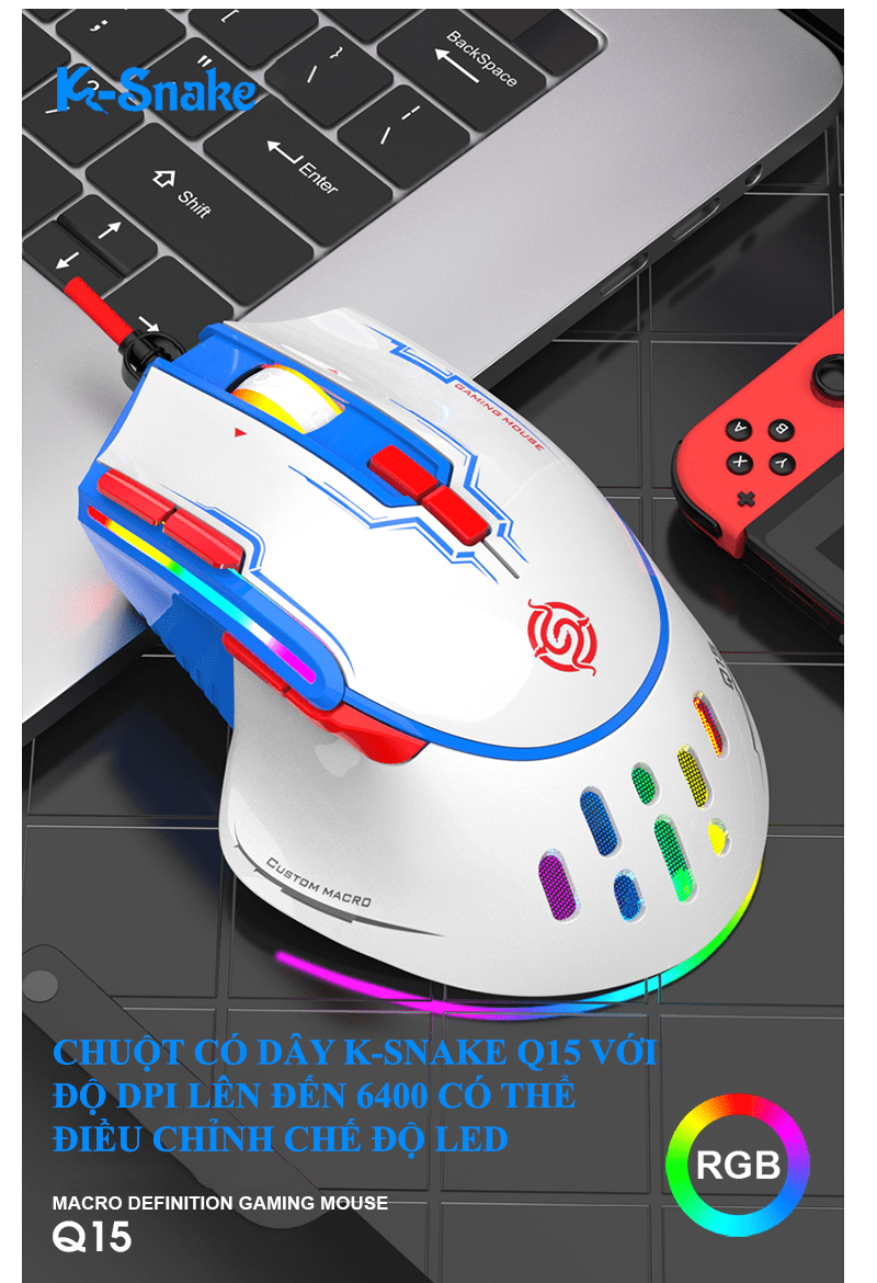 Chuột có dây K-Snake Q15 tốc độ chuột lên đến 6400DPI với đèn led RGB có thể điều chỉnh nhiều chế độ LED - HT- HÀNG CHÍNH HÃNG
