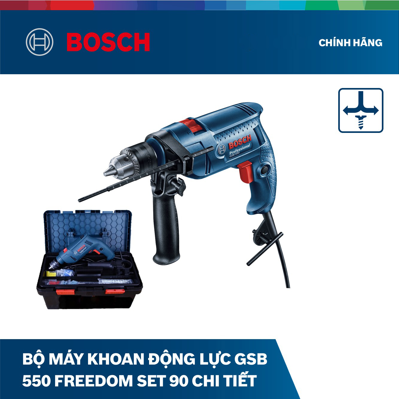 [Coupon 30K đơn 459K] Máy khoan động lực Bosch GSB 550 550W - Tặng bộ phụ kiện FREEDOM 90 chi tiết