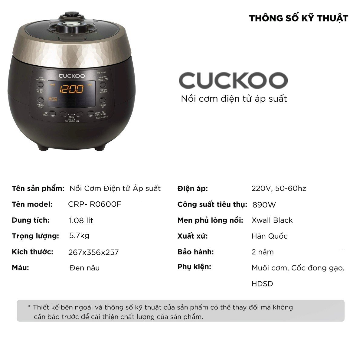 Nồi cơm điện tử áp suất Cuckoo 1.08 lít CRP-R0600F màu đen - Bản Quốc Tế tiếng Anh - Hàng chính hãng
