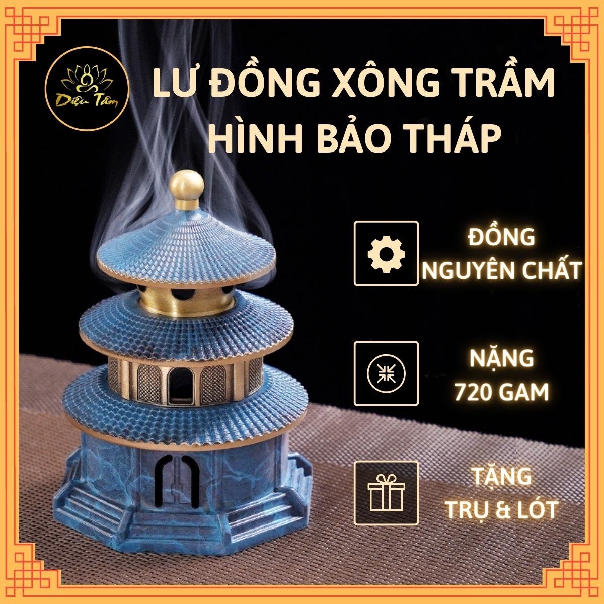 Lư xông trầm đồ thờ cúng bằng đồng hình bảo tháp sơn xanh phụ kiện trang trí ban thờ, bàn làm việc