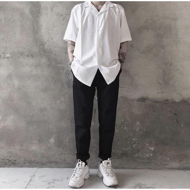Sơ mi trắng đen SIB Clothing áo sơ mi nam nữ tay ngắn SIB023
