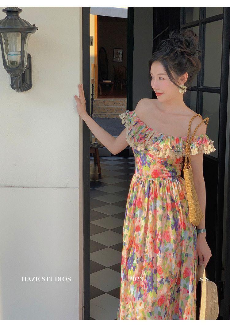 DONGSHOP 2023 Xuân và mùa hè Pháp Vintage váy một chiều vai trà nghỉ váy hở vai tranh sơn dầu in đầm mùa xuân nữ