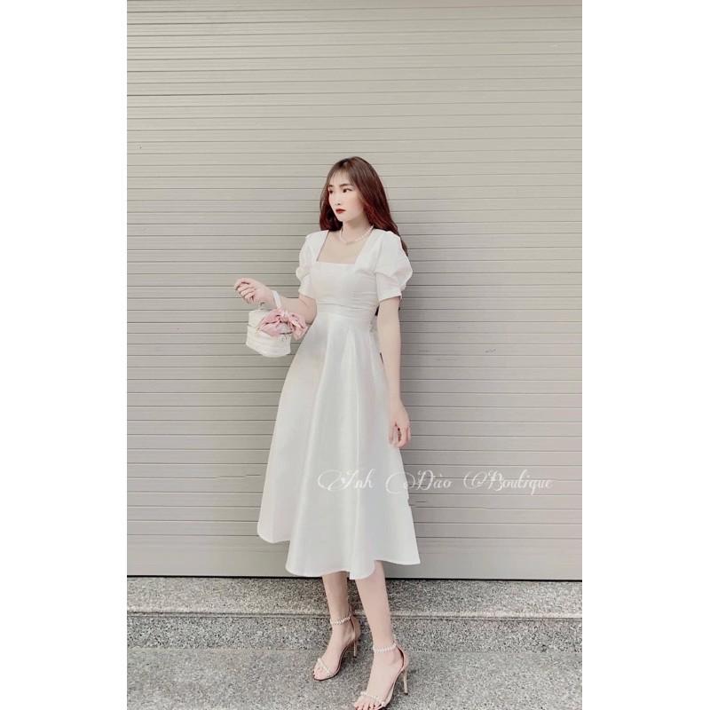VÁY TRẮNG CỔ VUÔNG DÀI CHỤP KỶ YẾU VÁY XÒE TAY BỒNG VINTAGE THẮT NƠ #7 VÁY TRẮNG CỔ VUÔNG DÀI CHỤP KỶ YẾU VÁY XÒE TAY BỒNG VINTAGE THẮT NƠ