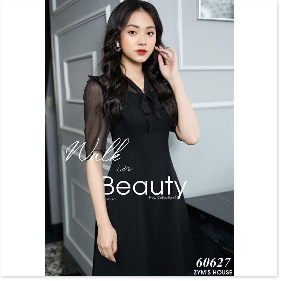 Váy xòe cổ cột nơ phối voan - cực xinh