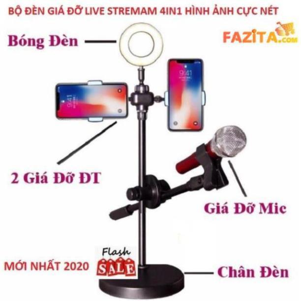 Đèn Live Stream 4in1 Để Bàn Có Chân Đỡ Micro LivesTream Hai Điện Thoại - Bộ Giá Đỡ Điện Thoại Livestream 4in1