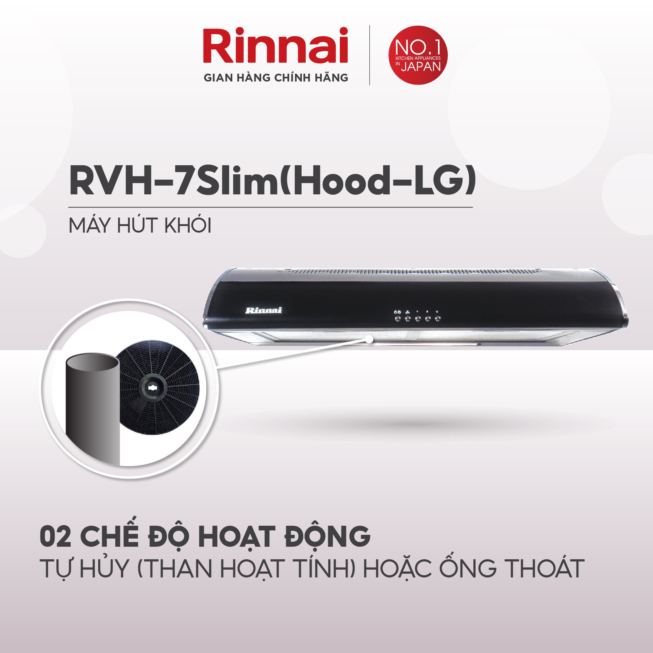 Máy hút mùi 70cm Rinnai RVH-7Slim(Hood-LG) than hoạt tính và ống thoát 380W - Hàng chính hãng.