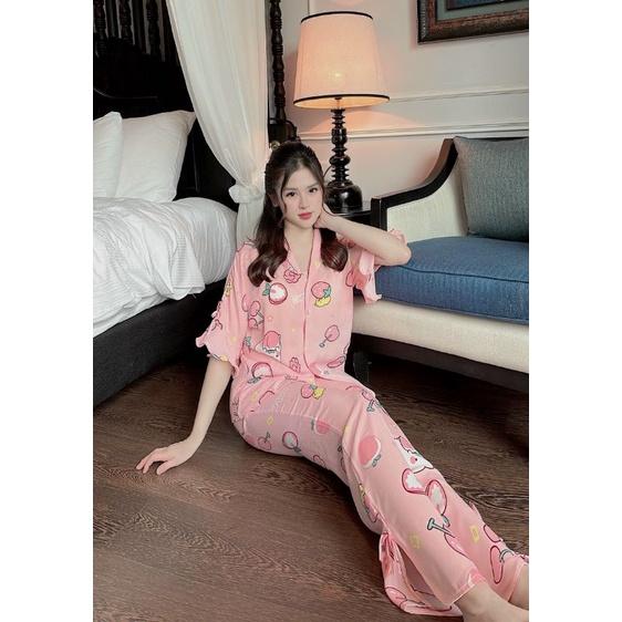 Đồ Bộ Pyjama tiểu thư, lụa Mango L1 dơi nơ, bèo, quần dài, cổ vuông, 40-60kg