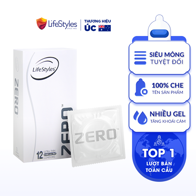 Bao Cao Su LifeStyles ZERO Cao Cấp Siêu Mỏng Tuyệt Đối, Dẻo Dai - Hộp 12 bao