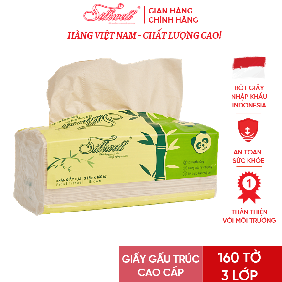 Giấy ăn gấu trúc Silkwell 160 tờ 3 lớp, khăn giấy gấu trúc siêu dai không tẩy trắng hàng chính hãng