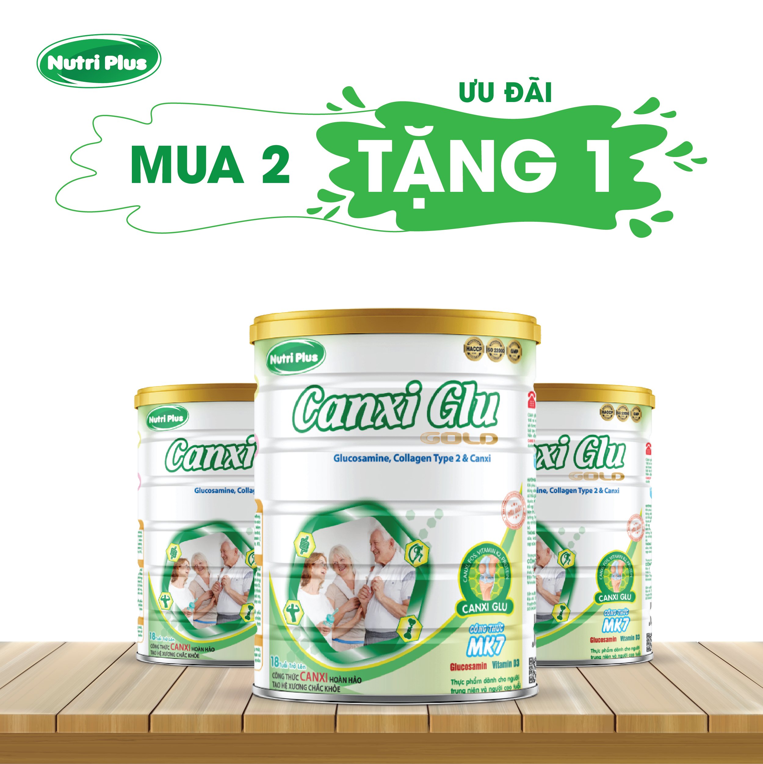 [MUA 2 TẶNG 1] Sữa bột Canxi Glu dành cho người già, loãng xương, giúp xương chắc khỏe - 900G Nutriplus Gold