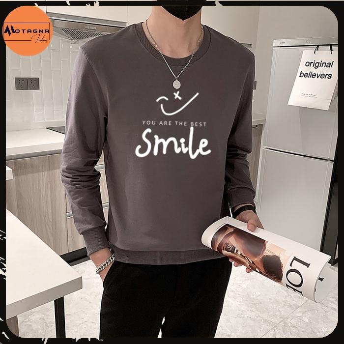 Áo thu đông Hàn Quốc, Áo nỉ nam tay dài cổ tròn dáng ôm in ngực Smile mã NZ696